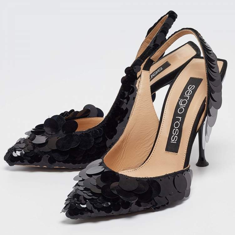 Pre Owned Sergio Rossi Black Satin and Sequin Slingback Pumps Size 36