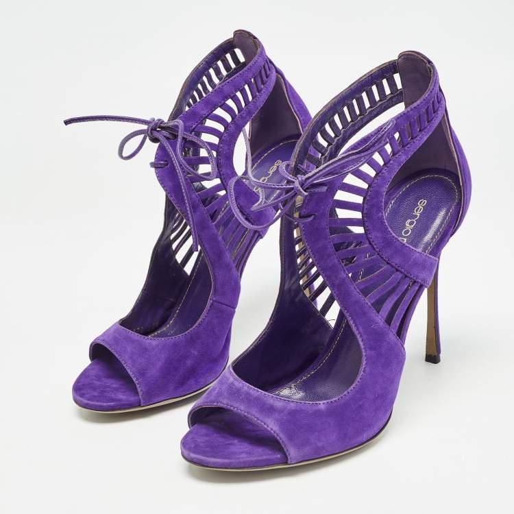 Pre Owned Sergio Rossi Purple Suede Lace Up Sandals Size 39.5