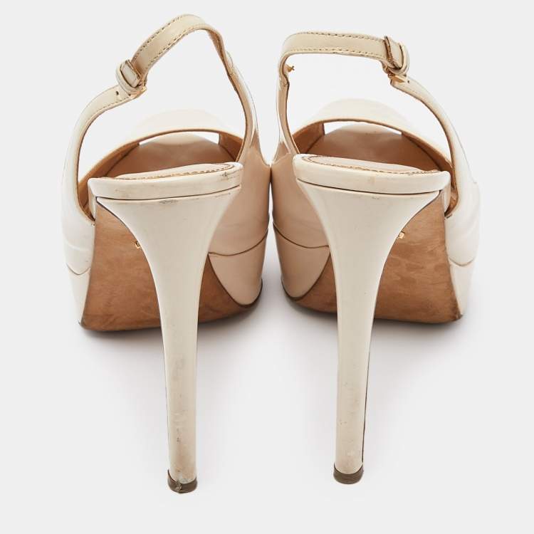 Pre Owned Sergio Rossi Cream Patent Leather Slingback Platform Pumps Size 39.5