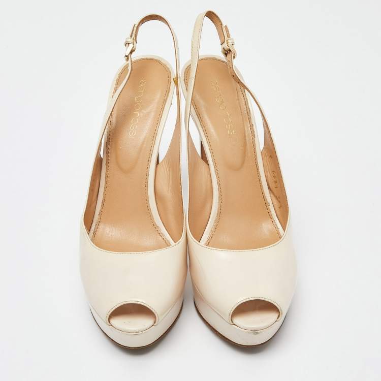 Pre Owned Sergio Rossi Cream Patent Leather Slingback Platform Pumps Size 39.5