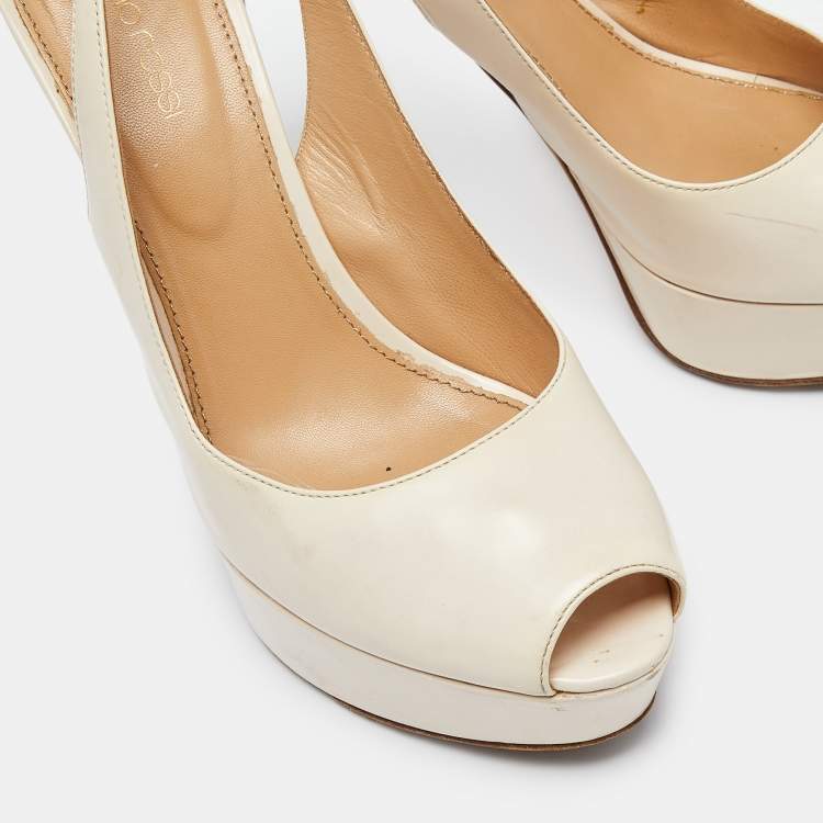 Pre Owned Sergio Rossi Cream Patent Leather Slingback Platform Pumps Size 39.5