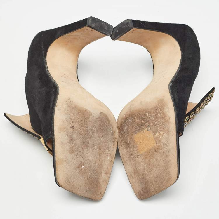 Pre Owned Sergio Rossi Black SR1 Crystals Heel Mules Size 36.5