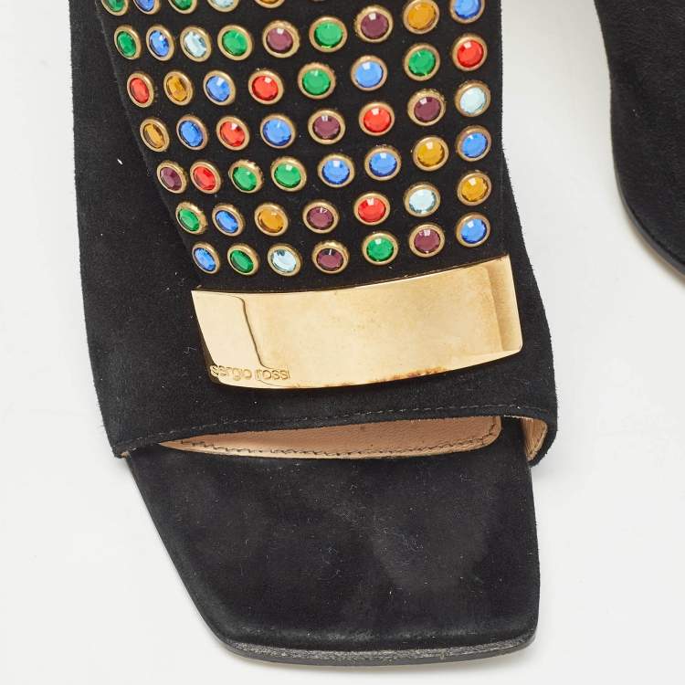 Pre Owned Sergio Rossi Black SR1 Crystals Heel Mules Size 36.5