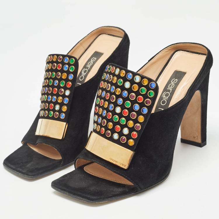 Sergio Rossi Black SR1 Crystals Heel Mules Size 36.5 TLC
