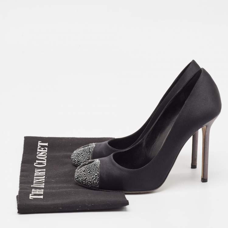 Pre Owned Sergio Rossi Black/Grey Satin Crystal Embellished Peep Toe Pumps Size 38.5