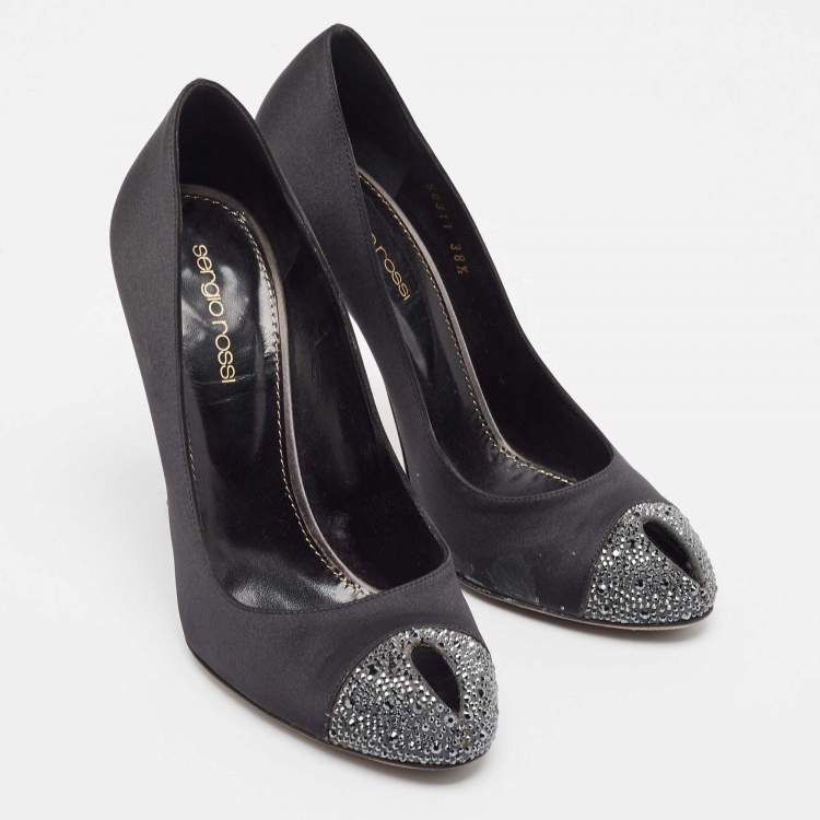 Pre Owned Sergio Rossi Black/Grey Satin Crystal Embellished Peep Toe Pumps Size 38.5