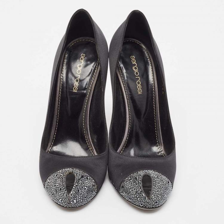 Pre Owned Sergio Rossi Black/Grey Satin Crystal Embellished Peep Toe Pumps Size 38.5