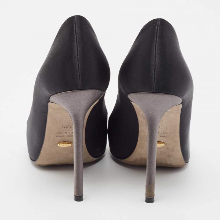 Pre Owned Sergio Rossi Black/Grey Satin Crystal Embellished Peep Toe Pumps Size 38.5