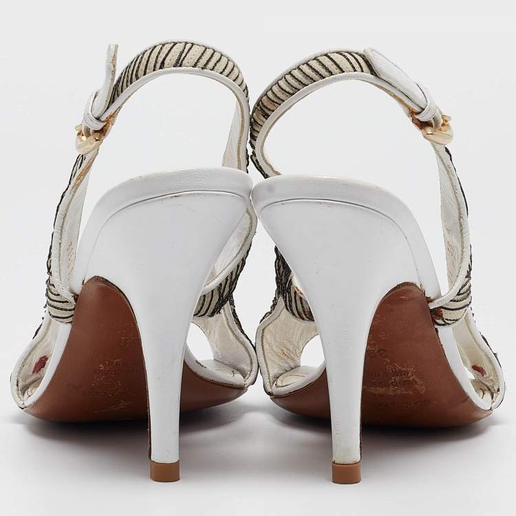 Pre Owned Sergio Rossi White/Black Pleated Fabric Slingback Sandals Size 39