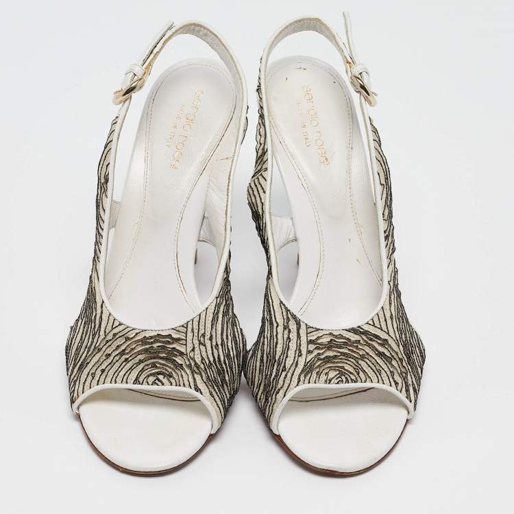 Pre Owned Sergio Rossi White/Black Pleated Fabric Slingback Sandals Size 39