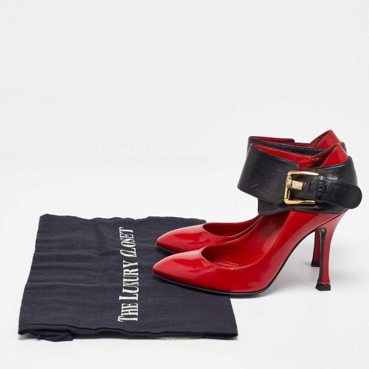Pre Owned Sergio Rossi Red/Black Leather Buckle Ankle Cuff Pointed Toe Pumps Size 35.5