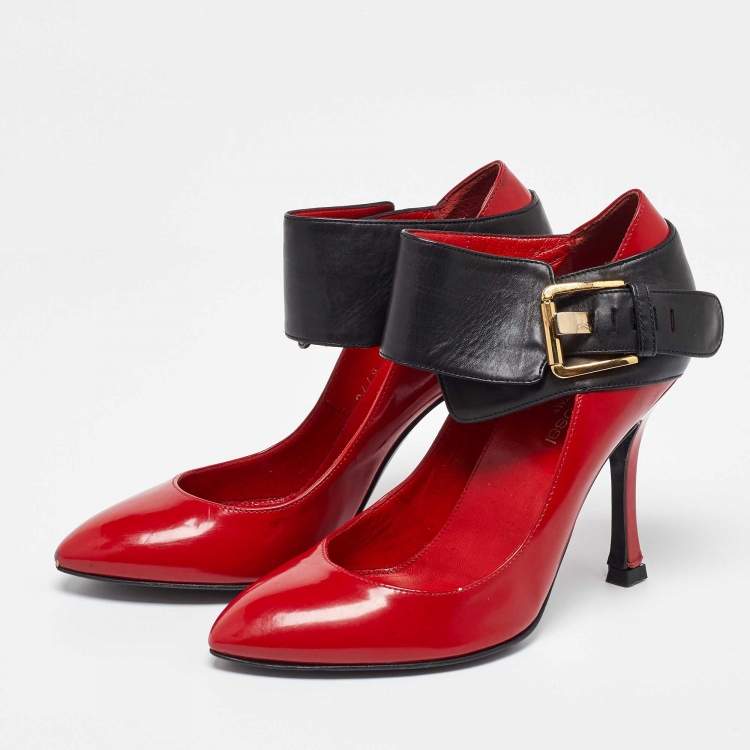 Pre Owned Sergio Rossi Red/Black Leather Buckle Ankle Cuff Pointed Toe Pumps Size 35.5