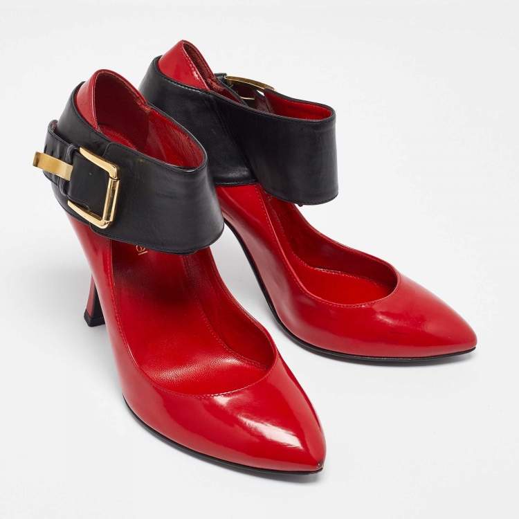 Pre Owned Sergio Rossi Red/Black Leather Buckle Ankle Cuff Pointed Toe Pumps Size 35.5