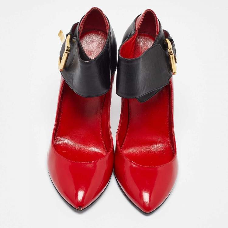 Pre Owned Sergio Rossi Red/Black Leather Buckle Ankle Cuff Pointed Toe Pumps Size 35.5