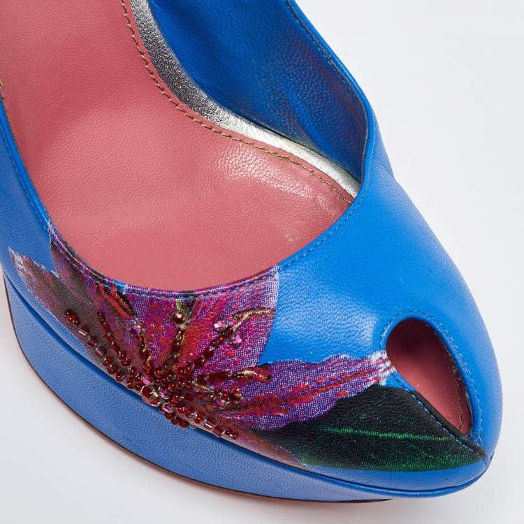 Pre Owned Sergio Rossi Blue Leather Peep Toe Platform Slingback Pumps Size 38.5