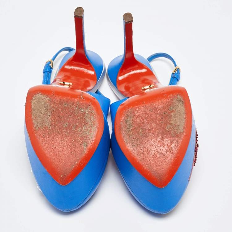 Pre Owned Sergio Rossi Blue Leather Peep Toe Platform Slingback Pumps Size 38.5