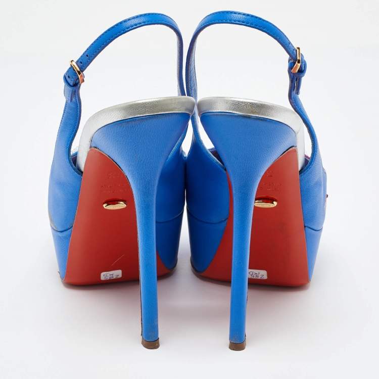 Pre Owned Sergio Rossi Blue Leather Peep Toe Platform Slingback Pumps Size 38.5