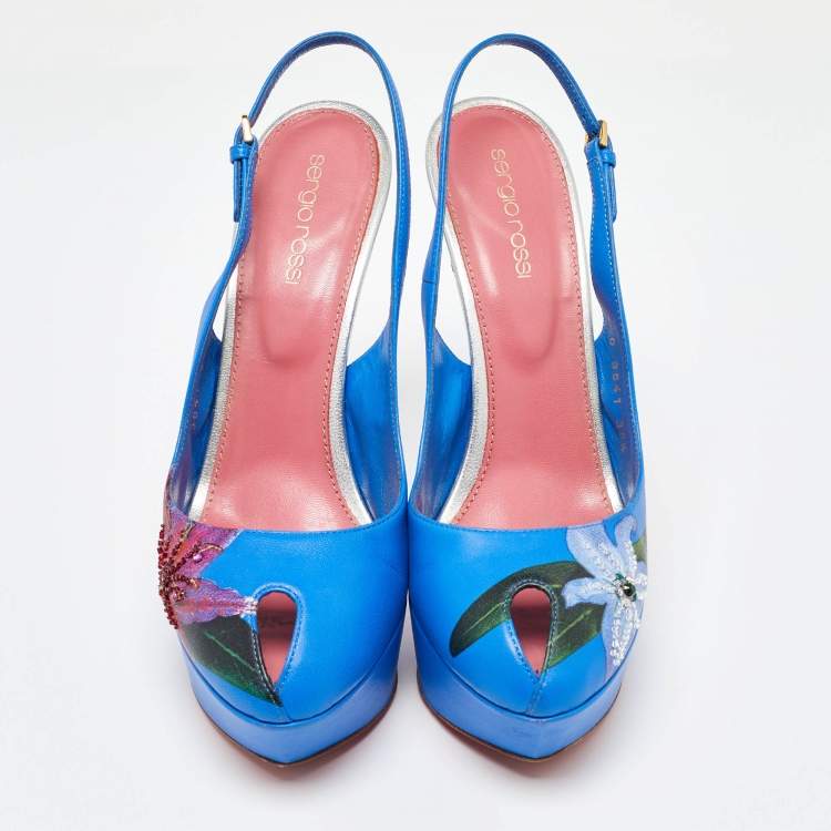 Pre Owned Sergio Rossi Blue Leather Peep Toe Platform Slingback Pumps Size 38.5