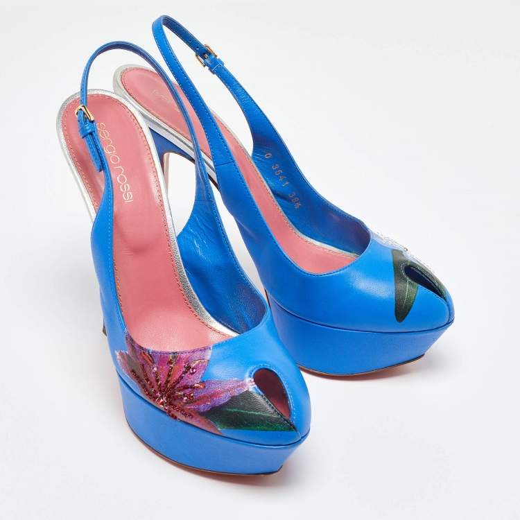 Pre Owned Sergio Rossi Blue Leather Peep Toe Platform Slingback Pumps Size 38.5