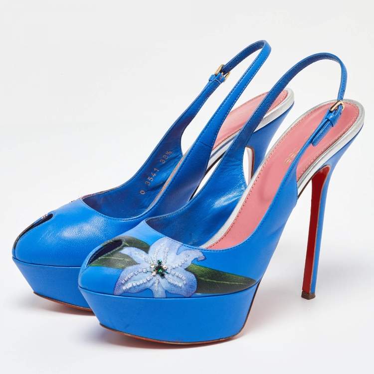 Pre Owned Sergio Rossi Blue Leather Peep Toe Platform Slingback Pumps Size 38.5