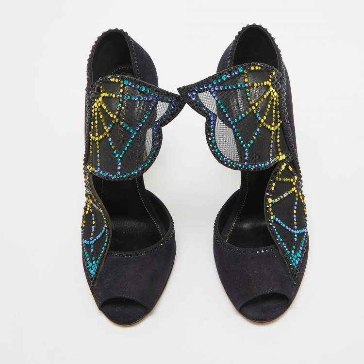 Pre Owned Sergio Rossi Navy Blue Suede Royal Strass Crystals Pumps Size 37