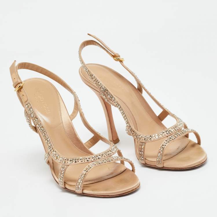 Pre Owned Sergio Rossi Beige Satin Crystal Embellished Ankle Strap Sandals Size 38