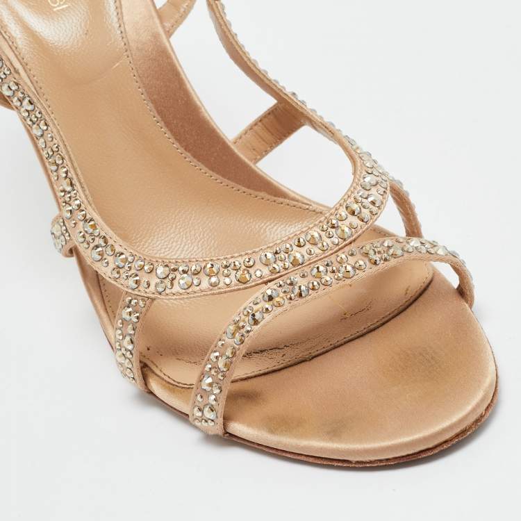 Pre Owned Sergio Rossi Beige Satin Crystal Embellished Ankle Strap Sandals Size 38