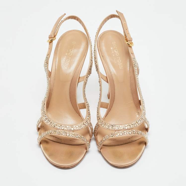Pre Owned Sergio Rossi Beige Satin Crystal Embellished Ankle Strap Sandals Size 38