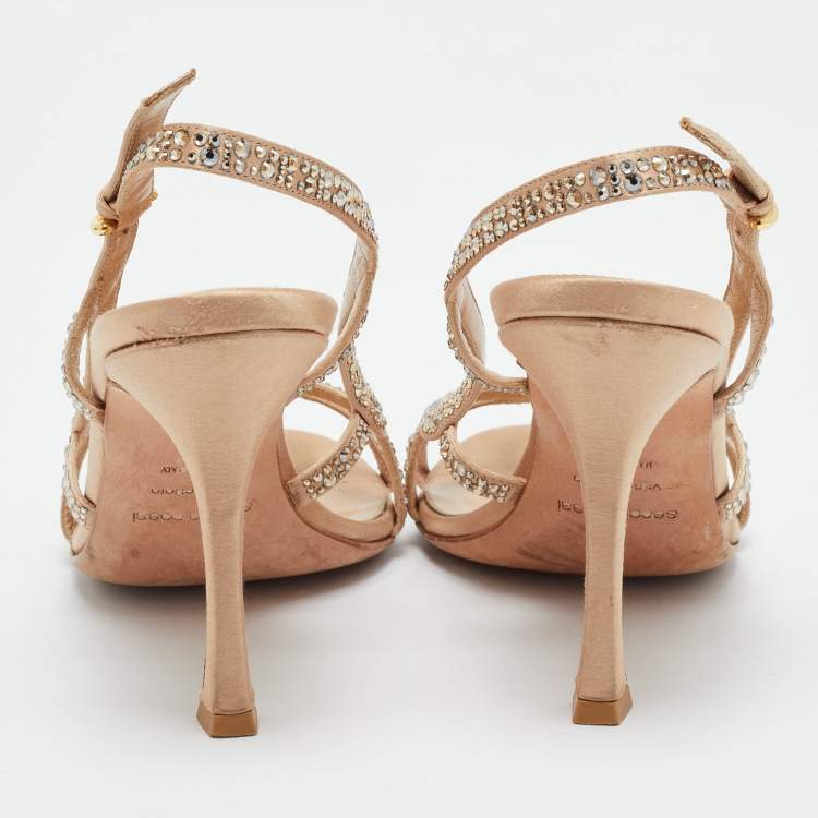 Pre Owned Sergio Rossi Beige Satin Crystal Embellished Ankle Strap Sandals Size 38