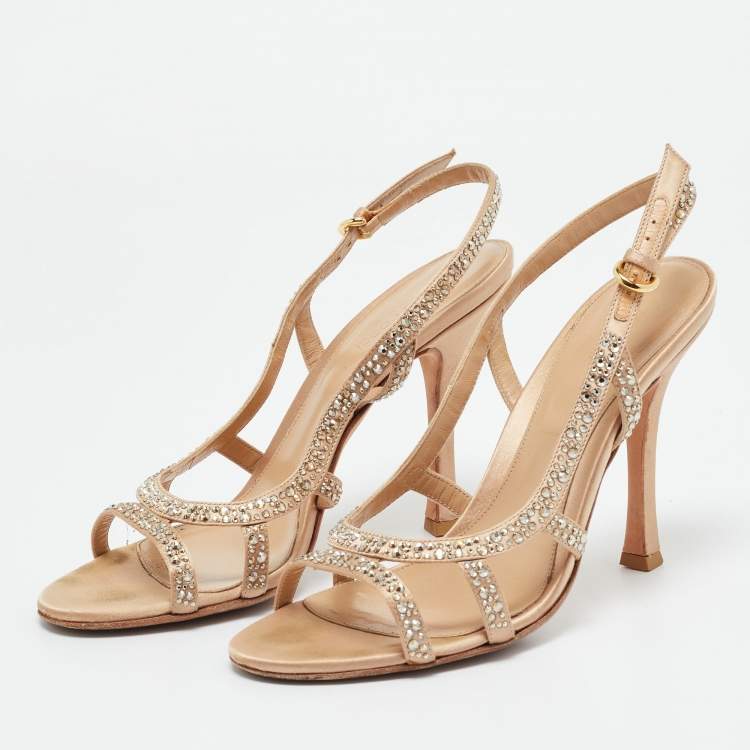 Pre Owned Sergio Rossi Beige Satin Crystal Embellished Ankle Strap Sandals Size 38