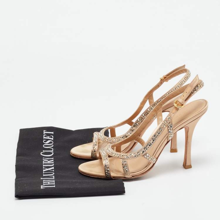 Pre Owned Sergio Rossi Beige Satin Crystal Embellished Ankle Strap Sandals Size 38