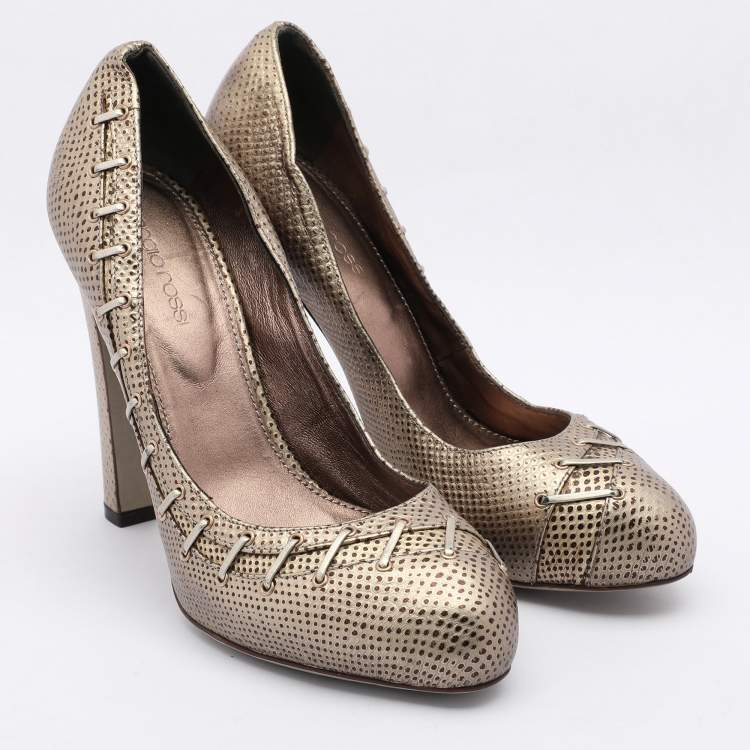 Pre Owned Sergio Rossi Silver/Brown Lizard Embossed Leather Embellished Pumps 37