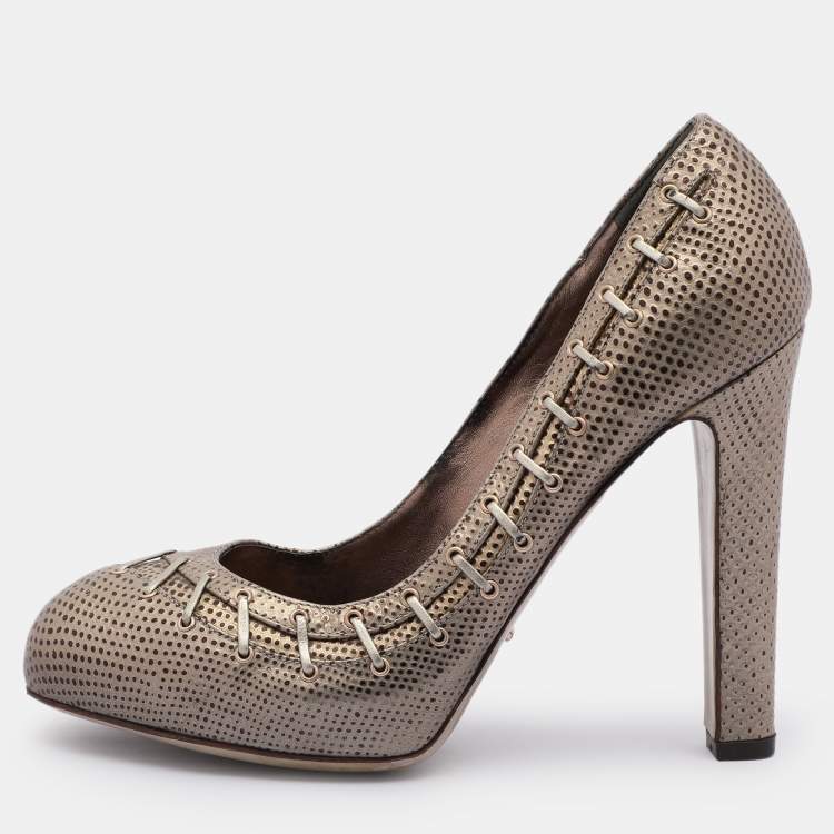 Pre Owned Sergio Rossi Silver/Brown Lizard Embossed Leather Embellished Pumps 37