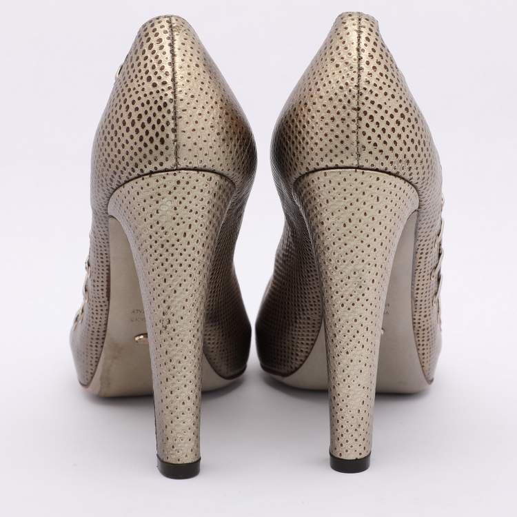 Pre Owned Sergio Rossi Silver/Brown Lizard Embossed Leather Embellished Pumps 37