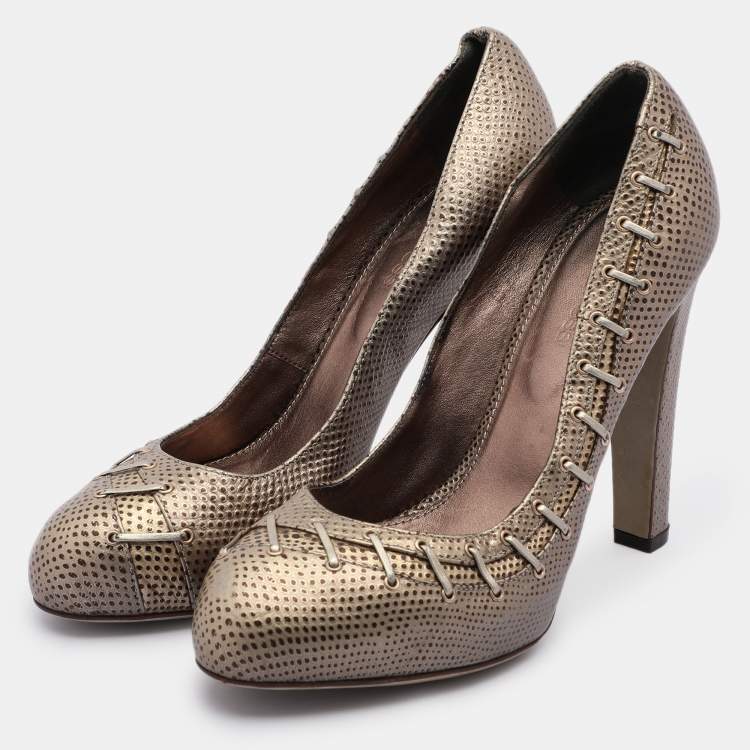 Pre Owned Sergio Rossi Silver/Brown Lizard Embossed Leather Embellished Pumps 37