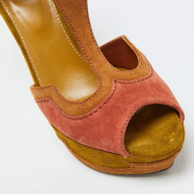 Pre Owned Sergio Rossi Tri Color Suede Platform Ankle Strap Sandals Size 38.5