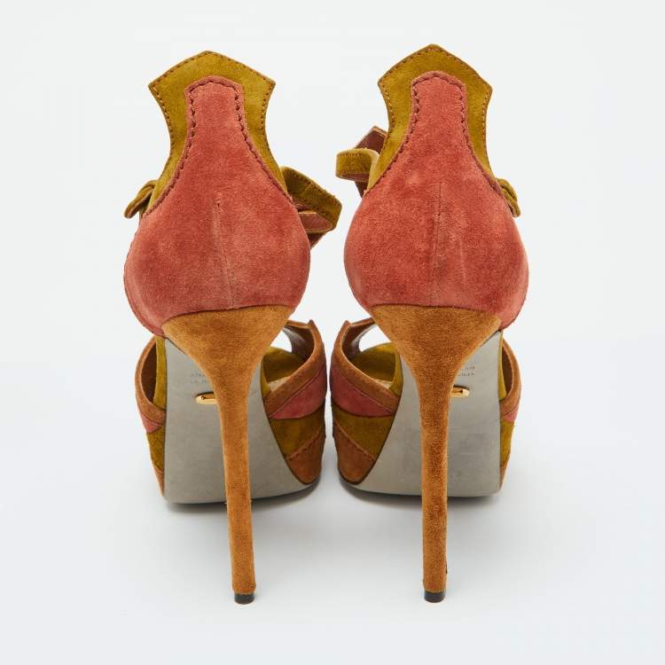 Pre Owned Sergio Rossi Tri Color Suede Platform Ankle Strap Sandals Size 38.5