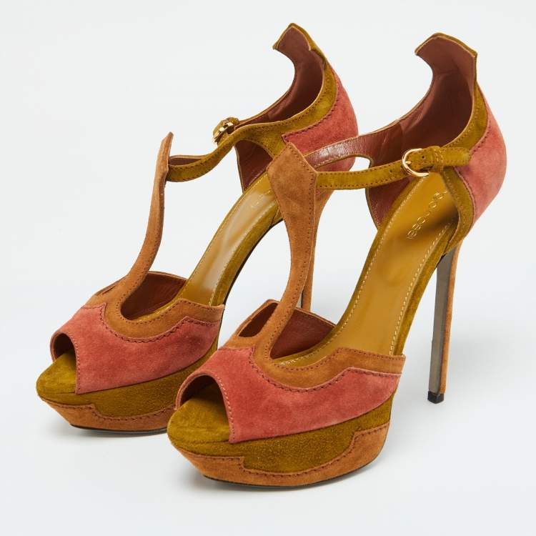 Pre Owned Sergio Rossi Tri Color Suede Platform Ankle Strap Sandals Size 38.5