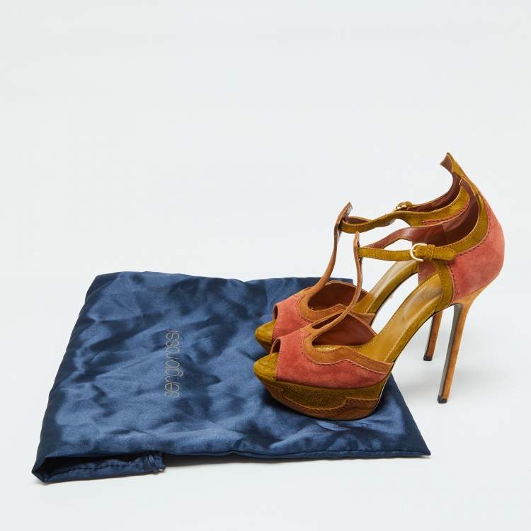 Pre Owned Sergio Rossi Tri Color Suede Platform Ankle Strap Sandals Size 38.5