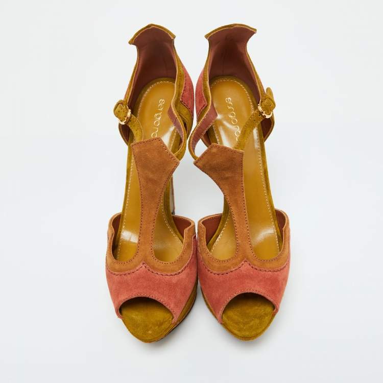 Pre Owned Sergio Rossi Tri Color Suede Platform Ankle Strap Sandals Size 38.5