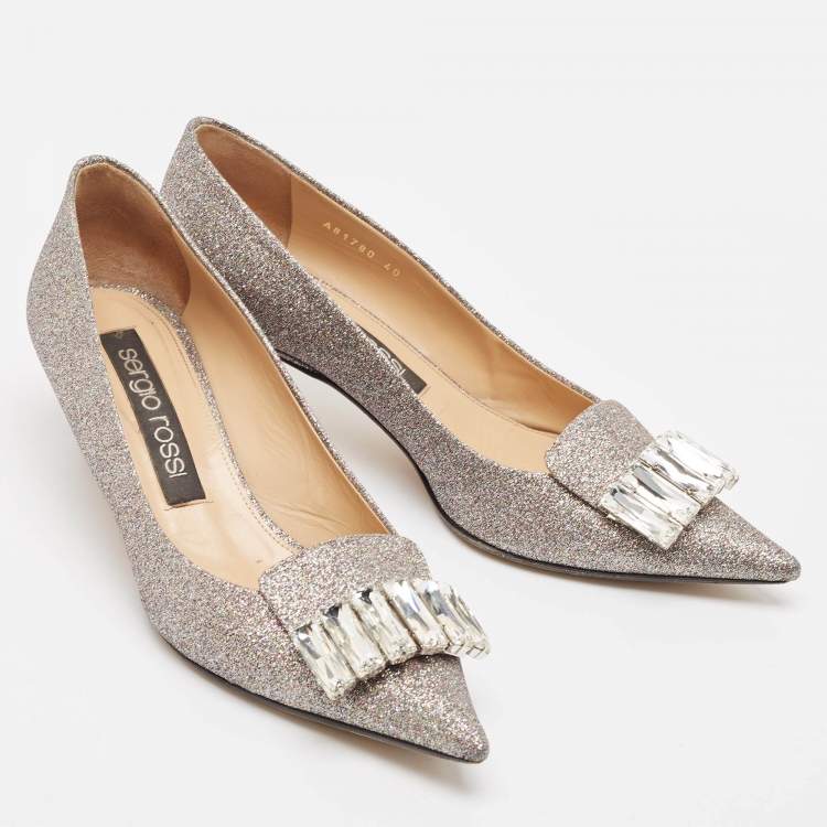 Pre Owned Sergio Rossi Metallic Glitter Crystal Embellished Pointed Toe Pumps 40