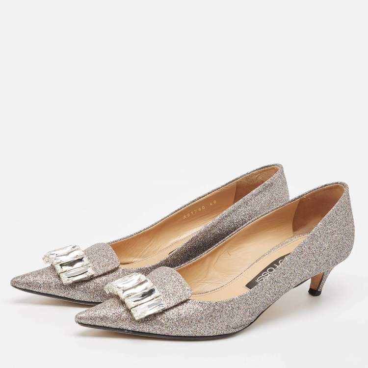 Pre Owned Sergio Rossi Metallic Glitter Crystal Embellished Pointed Toe Pumps 40