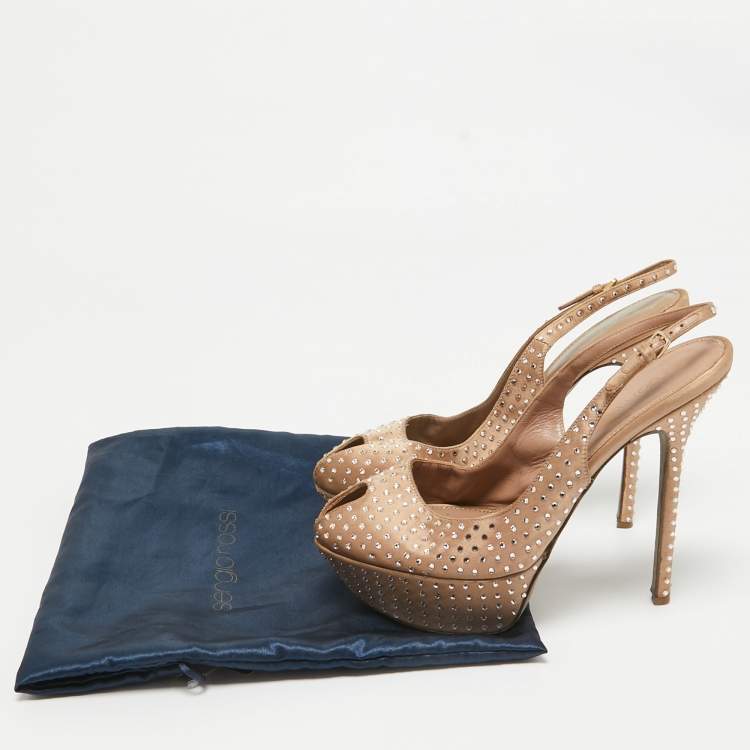 Pre Owned Sergio Rossi Light Brown Crystal Embellished Satin Peep Toe Platform Slingback Pumps Size 38.5
