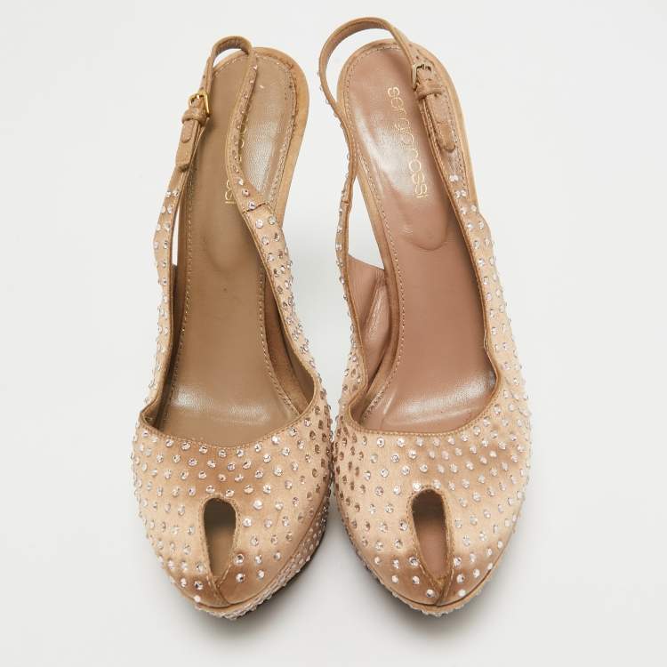 Pre Owned Sergio Rossi Light Brown Crystal Embellished Satin Peep Toe Platform Slingback Pumps Size 38.5