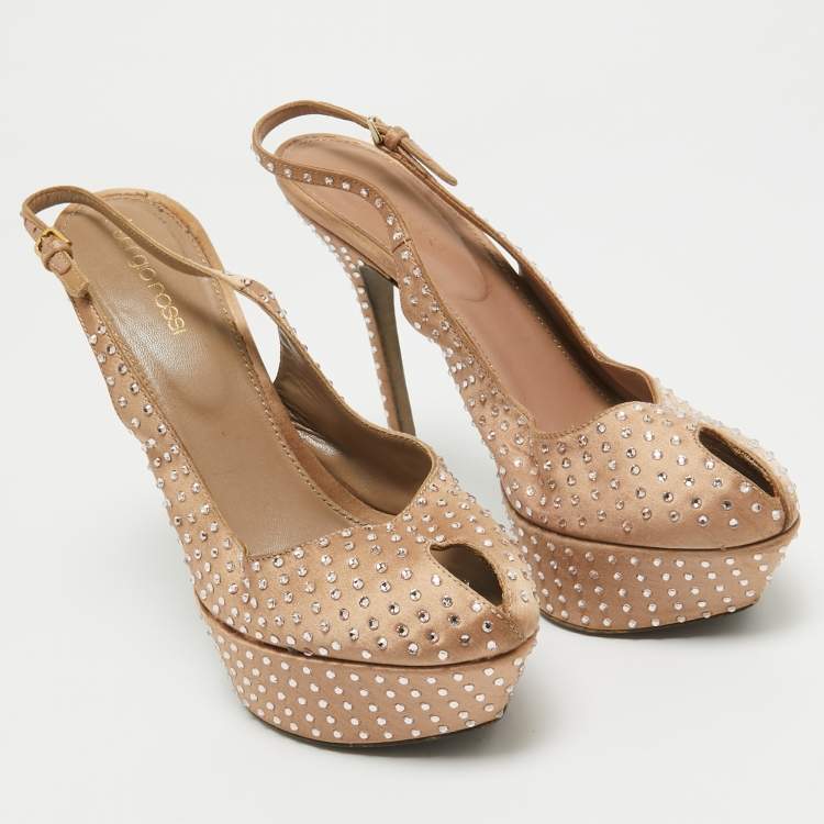 Pre Owned Sergio Rossi Light Brown Crystal Embellished Satin Peep Toe Platform Slingback Pumps Size 38.5