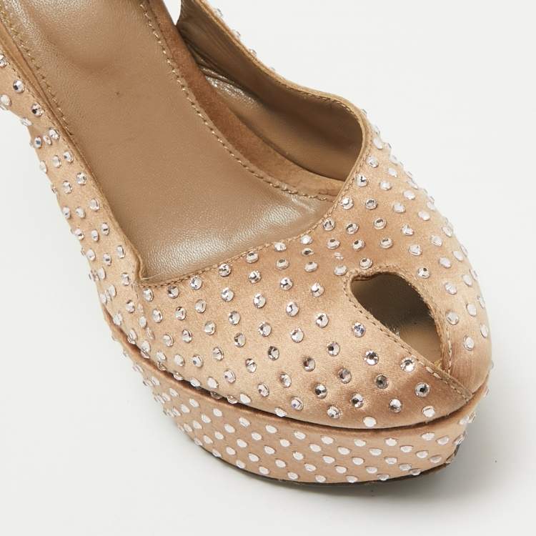 Pre Owned Sergio Rossi Light Brown Crystal Embellished Satin Peep Toe Platform Slingback Pumps Size 38.5