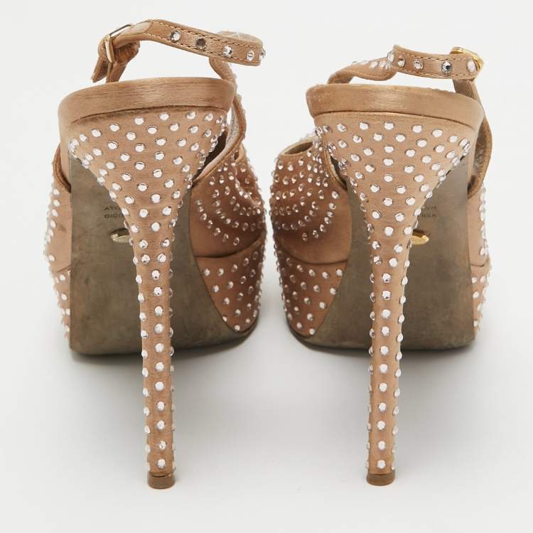 Pre Owned Sergio Rossi Light Brown Crystal Embellished Satin Peep Toe Platform Slingback Pumps Size 38.5