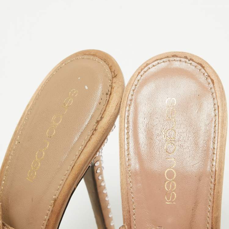 Pre Owned Sergio Rossi Light Brown Crystal Embellished Satin Peep Toe Platform Slingback Pumps Size 38.5