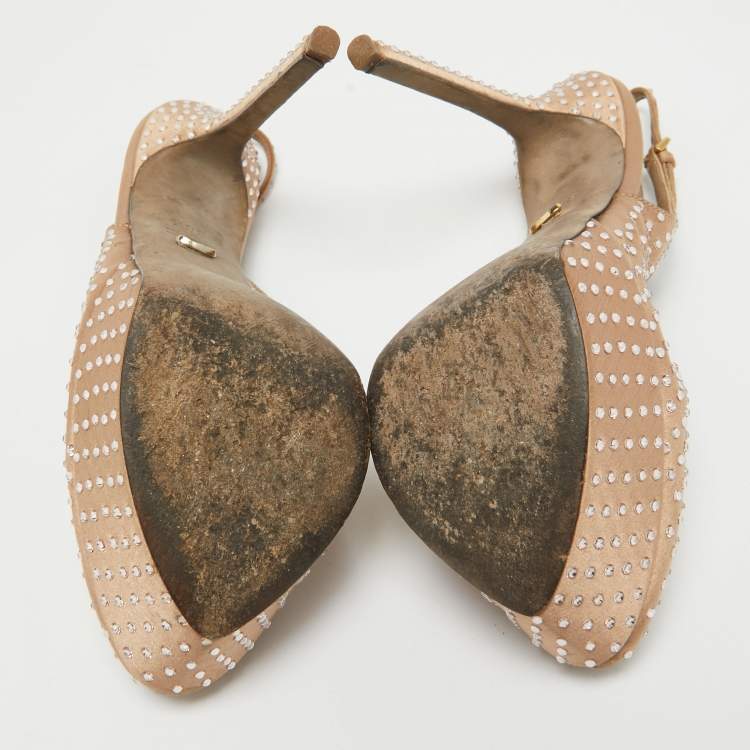 Pre Owned Sergio Rossi Light Brown Crystal Embellished Satin Peep Toe Platform Slingback Pumps Size 38.5
