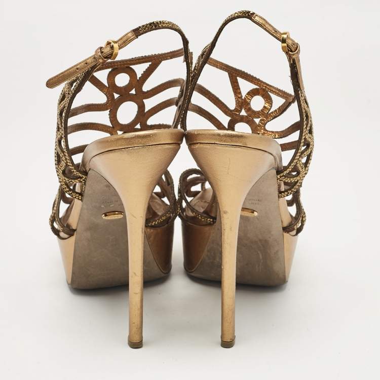 Pre Owned Sergio Rossi Metallic Crystal Embellished Suede Cut Out Platform Sandals Size 39